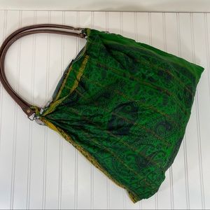 Nwot-Vintage Sari Silk  Green Reversible tote